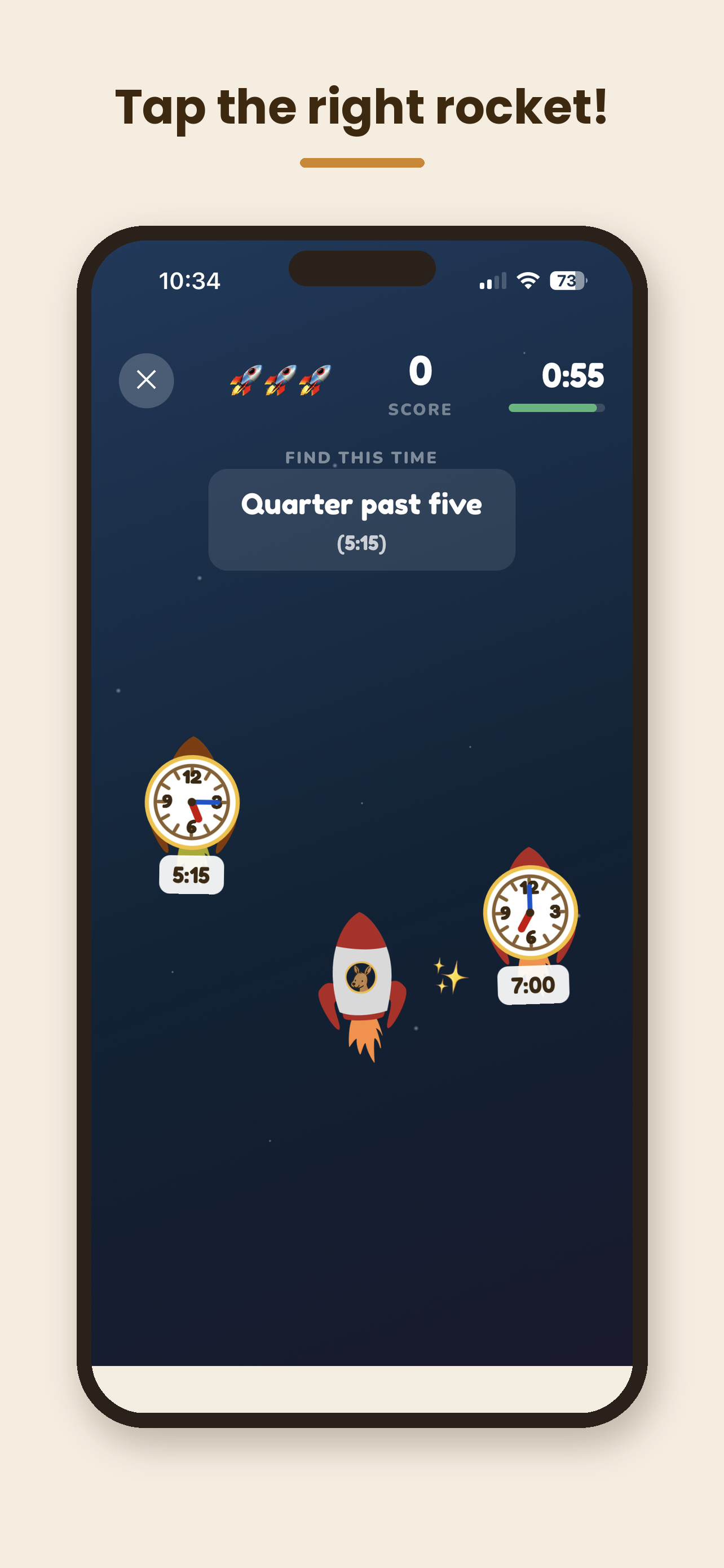 Race the Clock — tap the right rocket