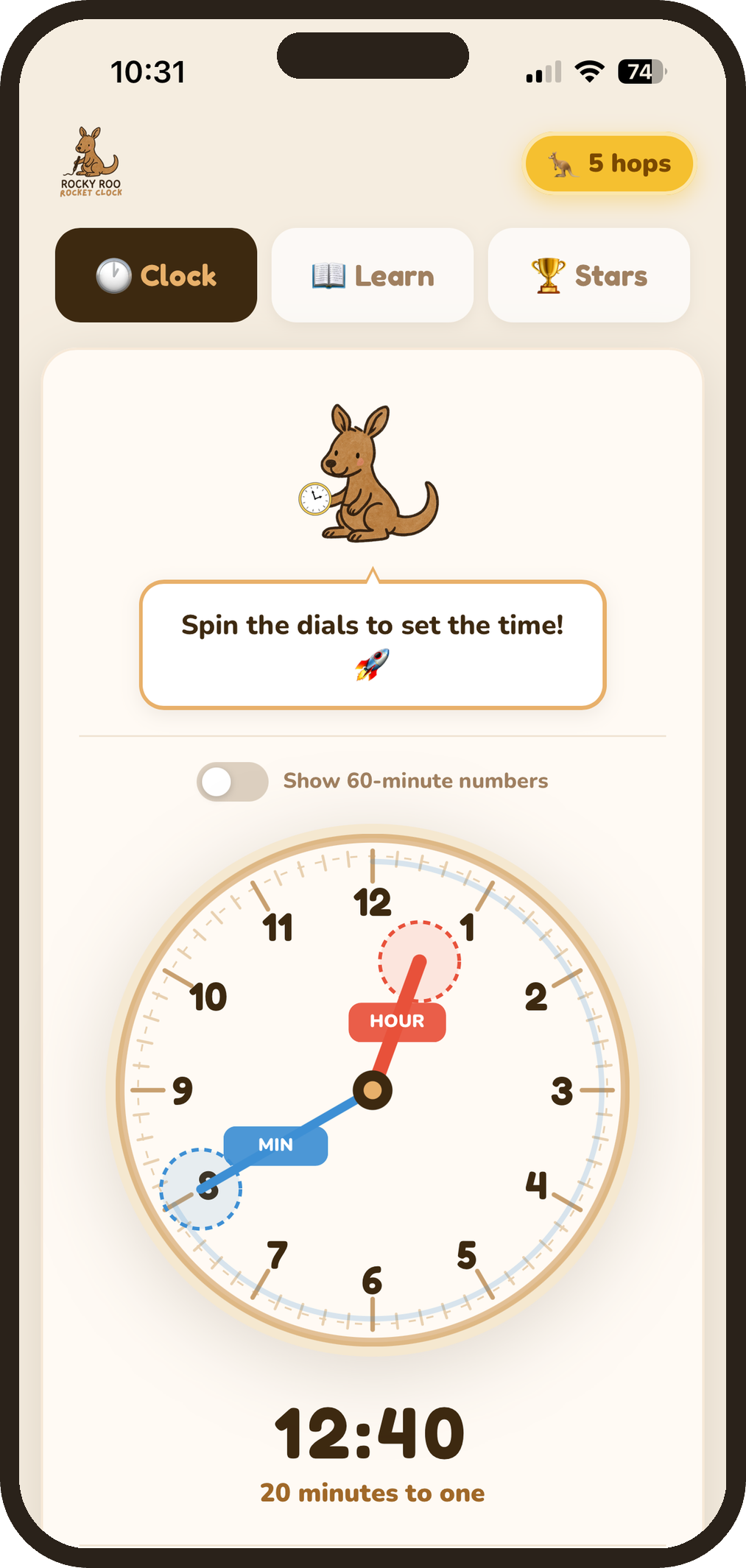 Rocky Roo — clock screen